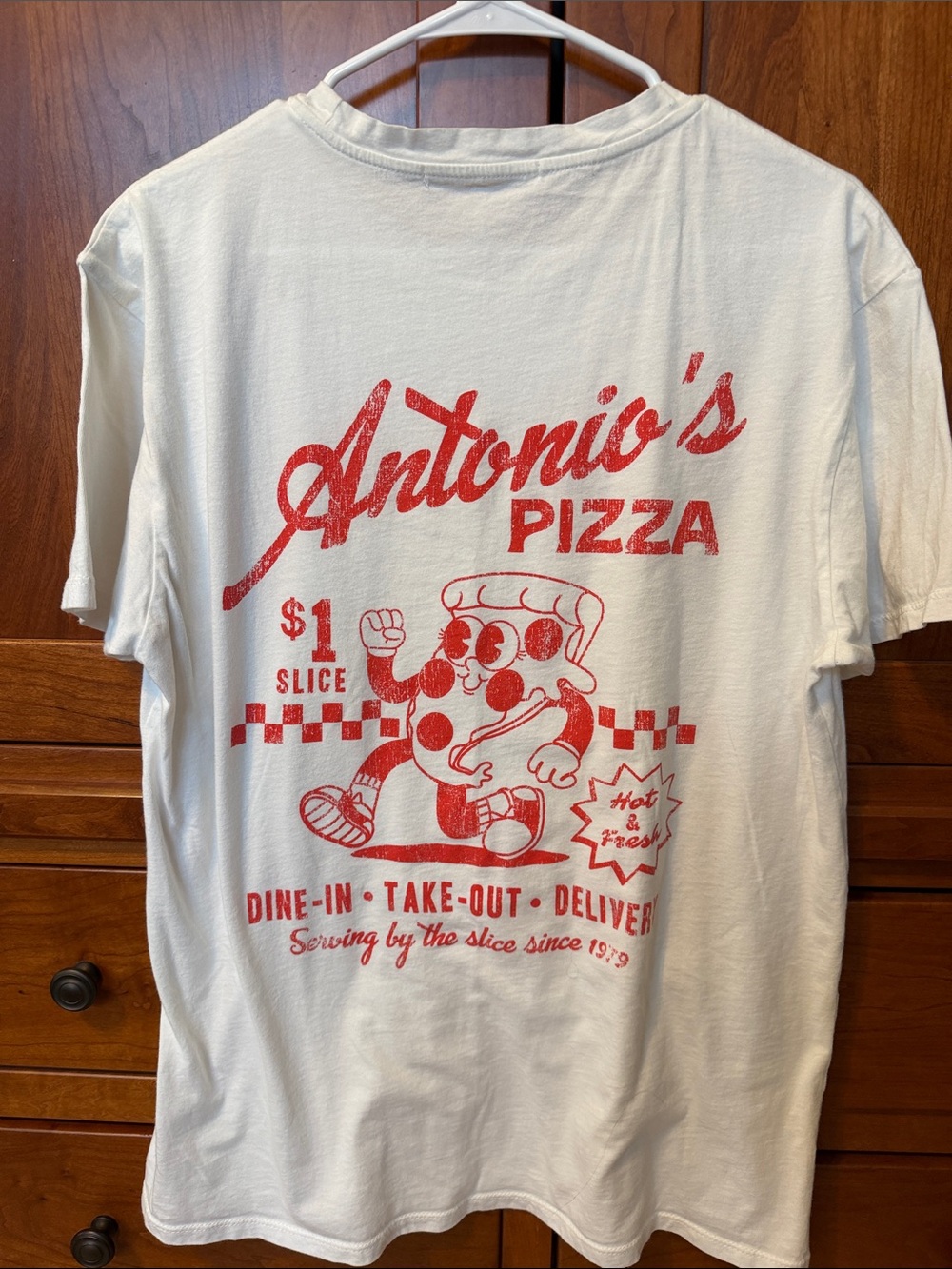 White Altar'd State cotton tee with red vintage-style Antonio's Pizza graphic
